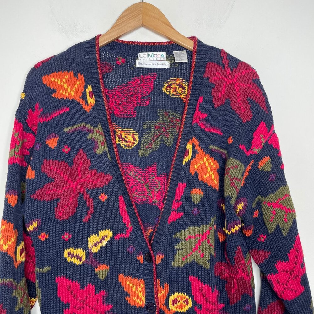 Le Moda Knitwear Hand Loomed Sweater Cardigan Leaves Fall Autumn Cottage Core - Picture 7 of 15